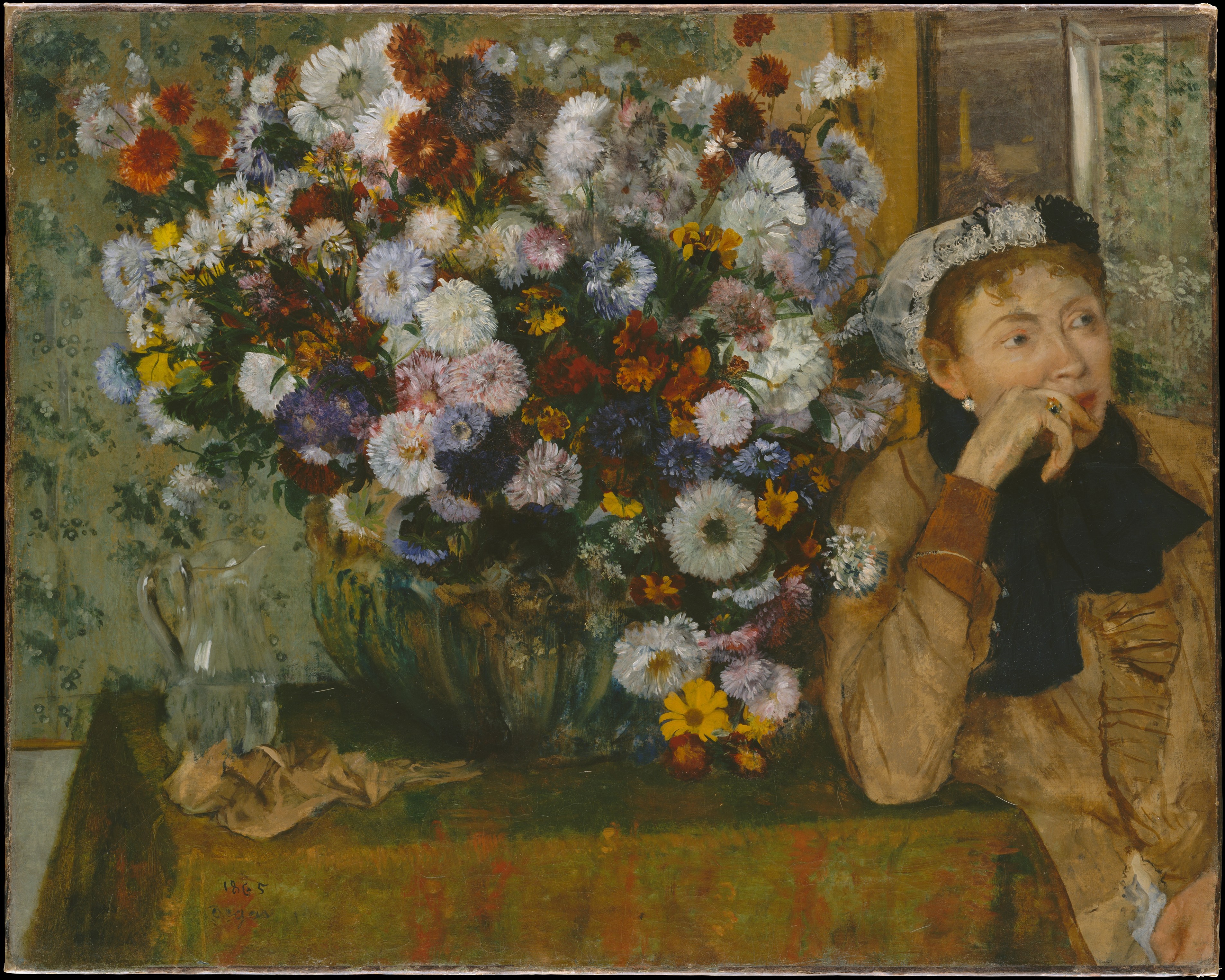 A Woman Seated beside a Vase of Flowers 1865